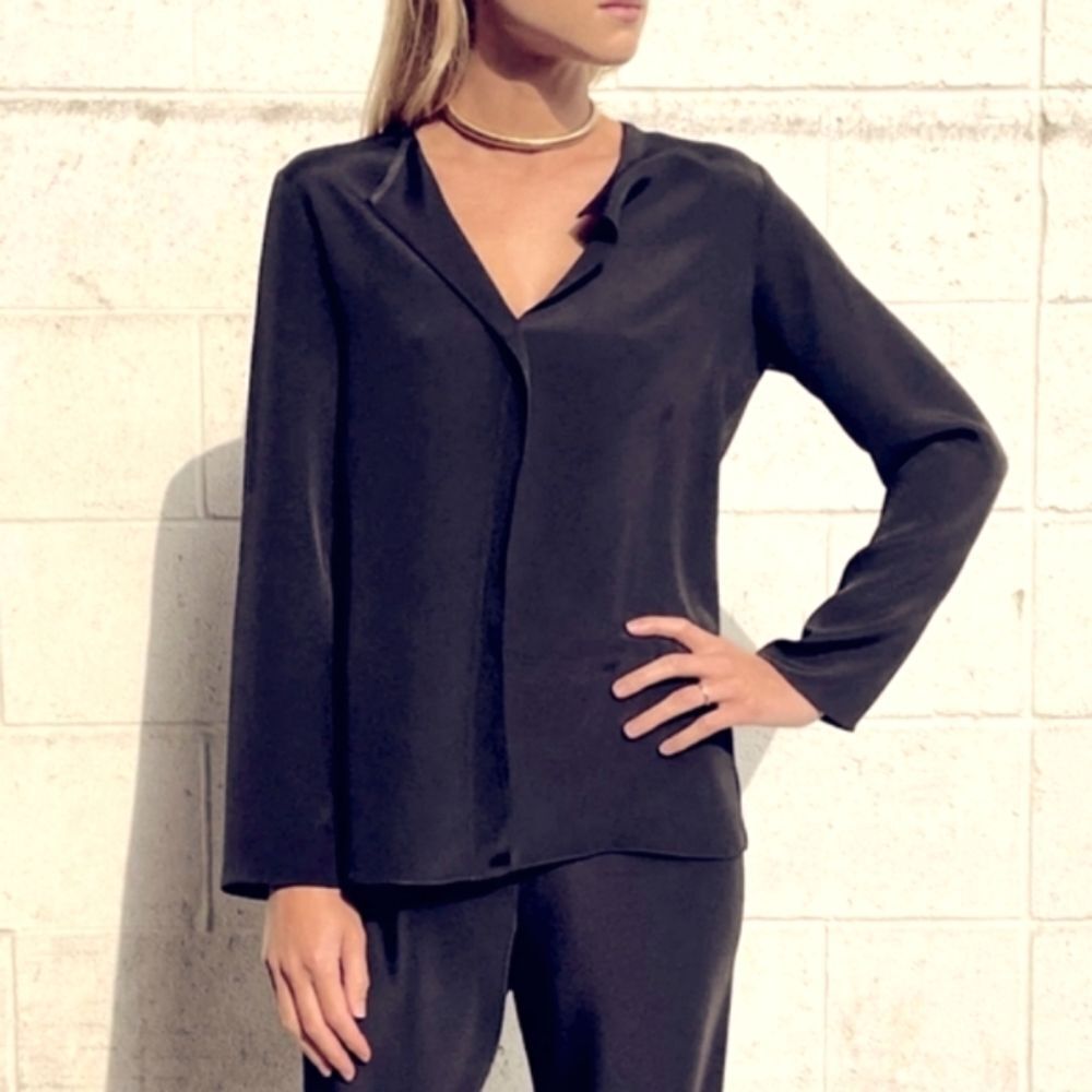 Peter Cohen Black Silk Split Neck Long Sleeve Blouse Size Large